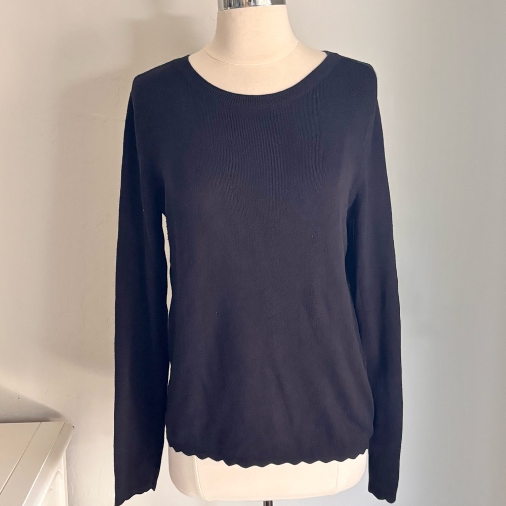 Halogen Scalloped Hem Pullover Knit Sweater Organic Cotton Blend, Black, Sz L